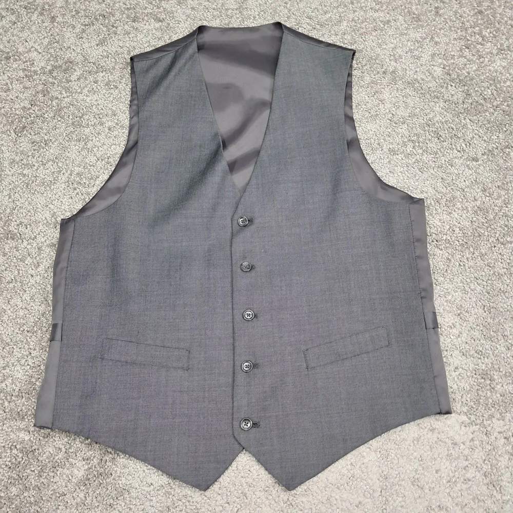 Jones New York Mens 3 Piece Suit 40L Grey‎ 100% Worsted Wool Blazer Vest Pant